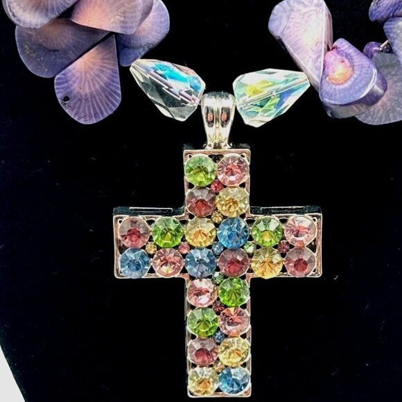 Purple Coral Necklace With Multicolor Glass Rhinestone Cross Pendant. - Picture 3 of 7